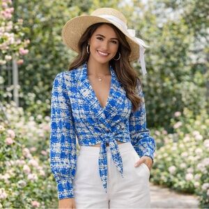 SACS Blue & White Tie-Front Blouse | Cropped Spring Top | Chic & Feminine